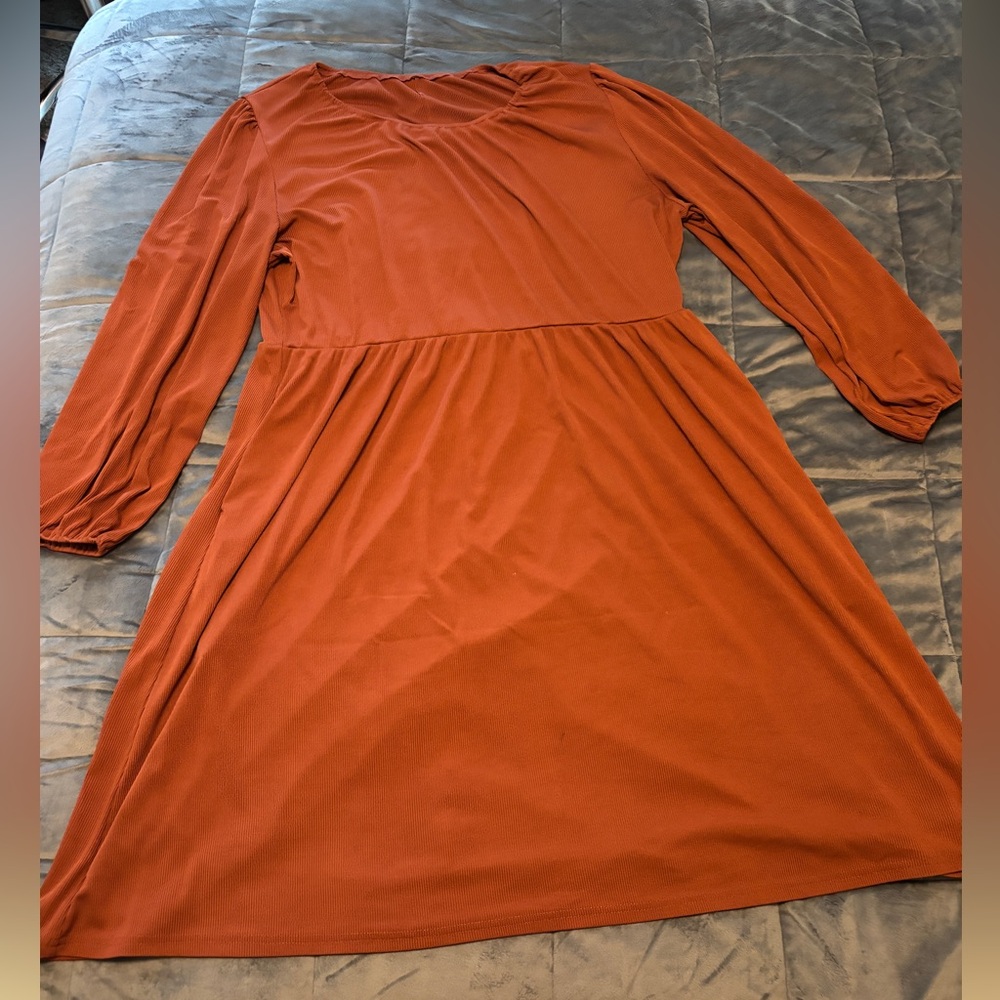 Amazon Orange A-Line Dress with Bishop Sleeves and Cowl Neck